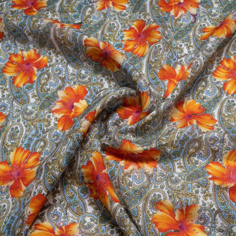 Orange Floral Paisley Printed Pure Linen