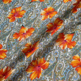 Orange Floral Paisley Printed Pure Linen