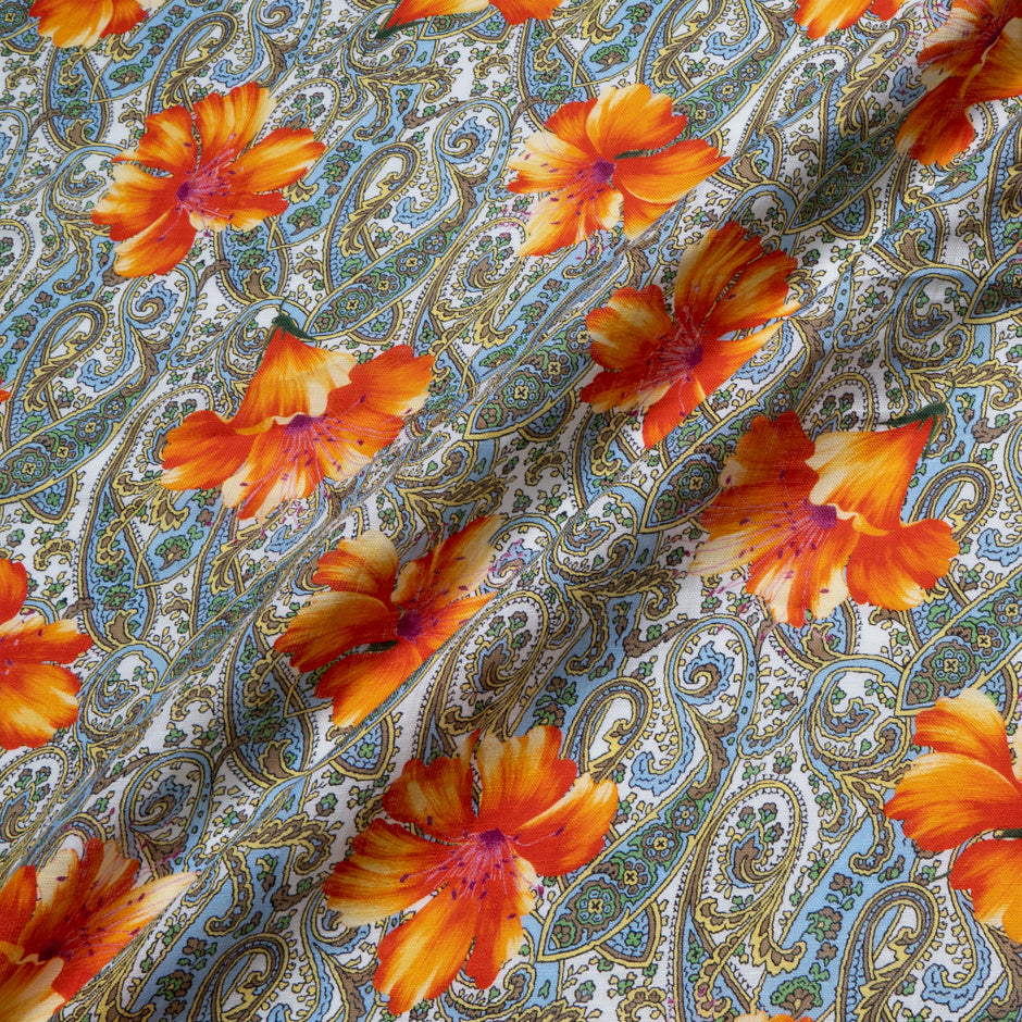 Orange Floral Paisley Printed Pure Linen