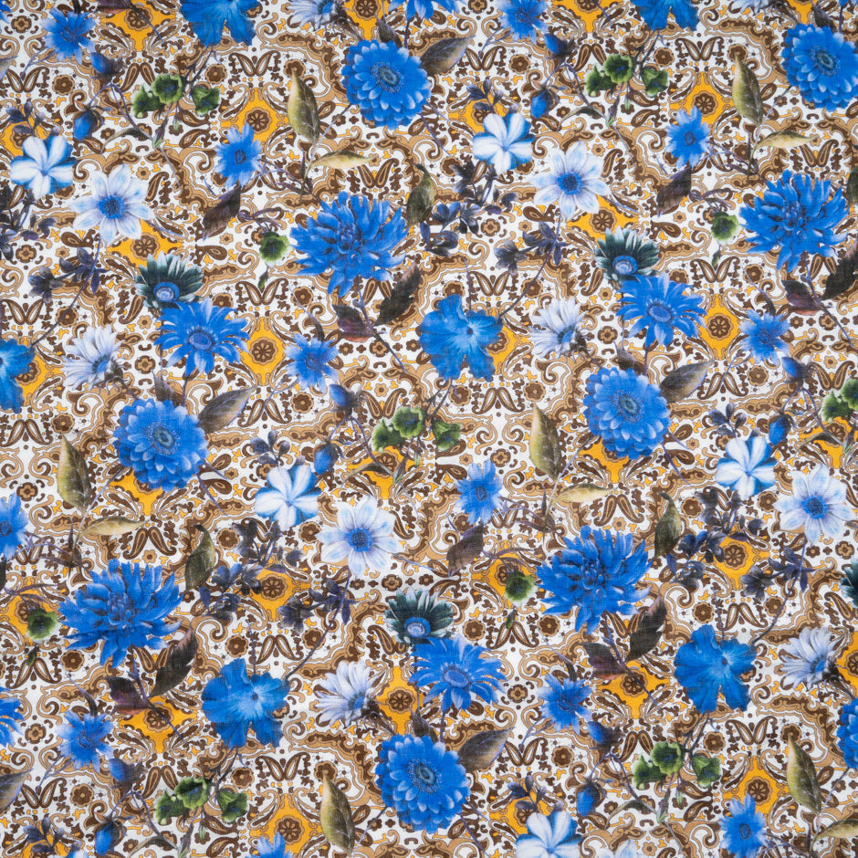 Blue Floral & Brown Paisley Printed Pure Linen