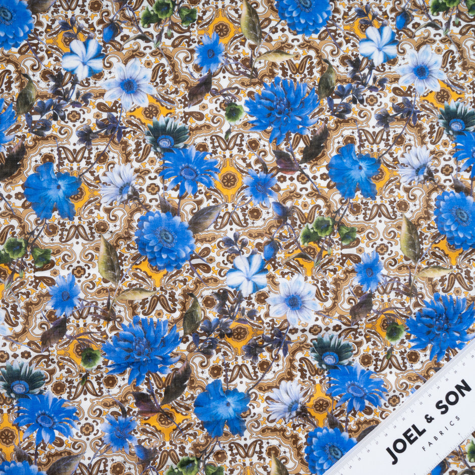 Blue Floral & Brown Paisley Printed Pure Linen