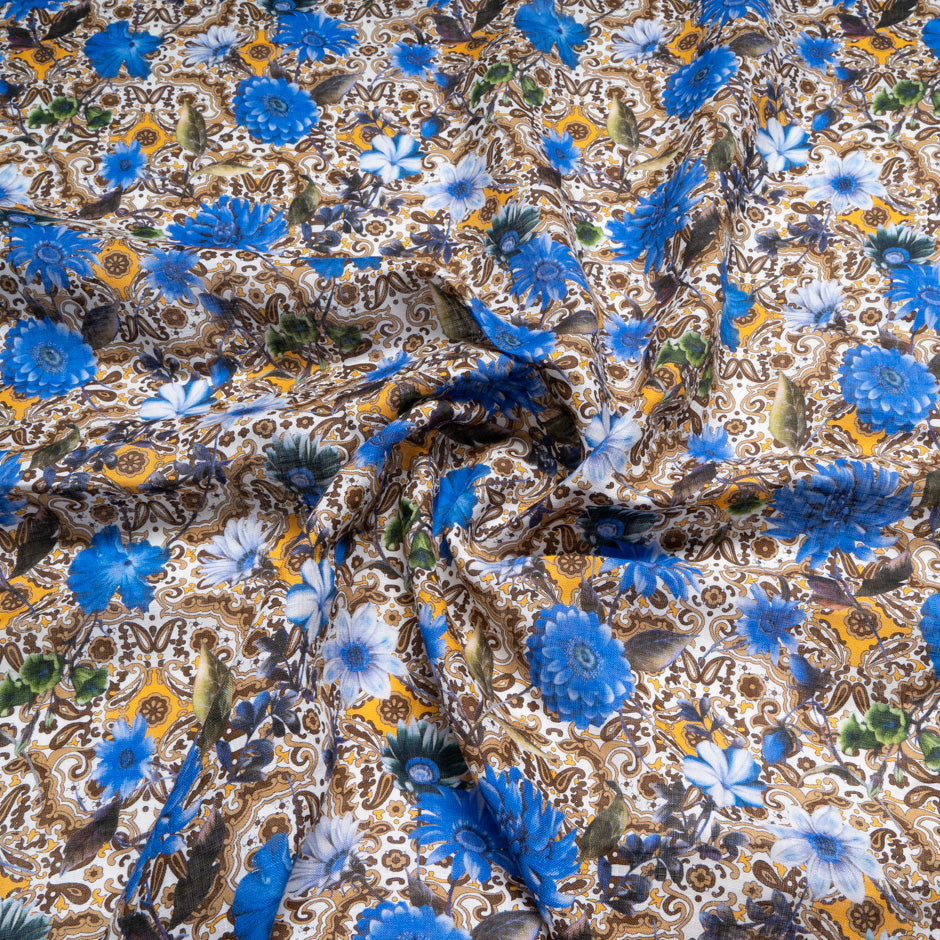Blue Floral & Brown Paisley Printed Pure Linen