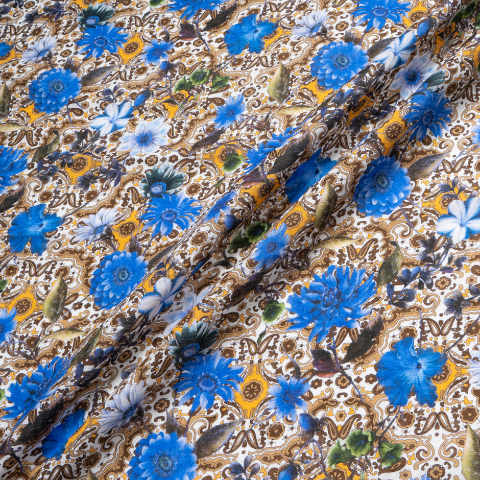 Blue Floral & Brown Paisley Printed Pure Linen