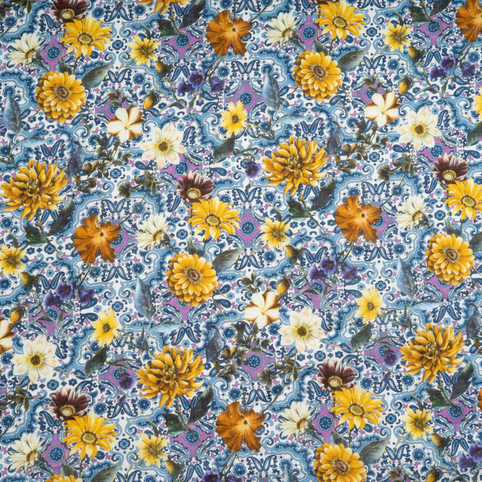 Yellow Floral & Paisley Printed Pure Linen