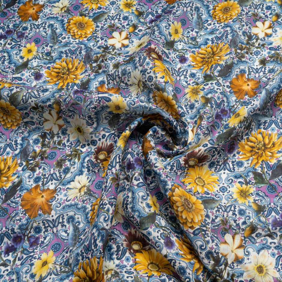 Yellow Floral & Paisley Printed Pure Linen