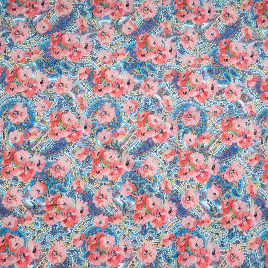 Salmon Pink Floral & Blue Paisley Printed Pure Linen