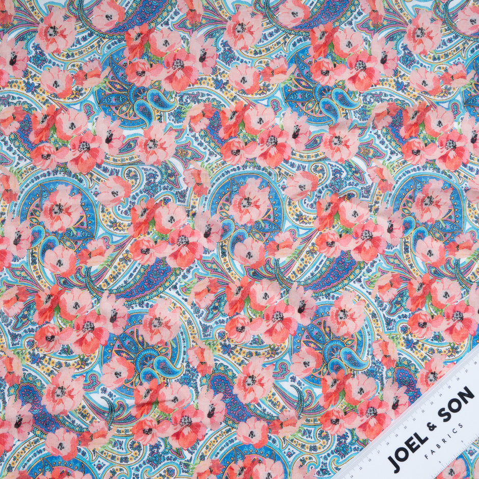 Salmon Pink Floral & Blue Paisley Printed Pure Linen