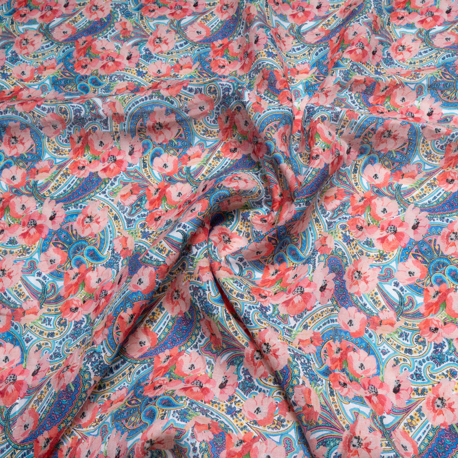 Salmon Pink Floral & Blue Paisley Printed Pure Linen
