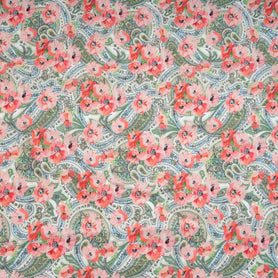 Salmon Pink Floral & Paisley Printed Pure Linen