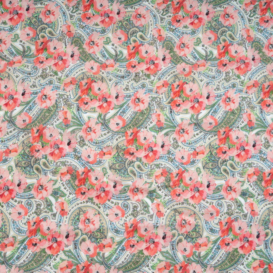 Salmon Pink Floral & Paisley Printed Pure Linen