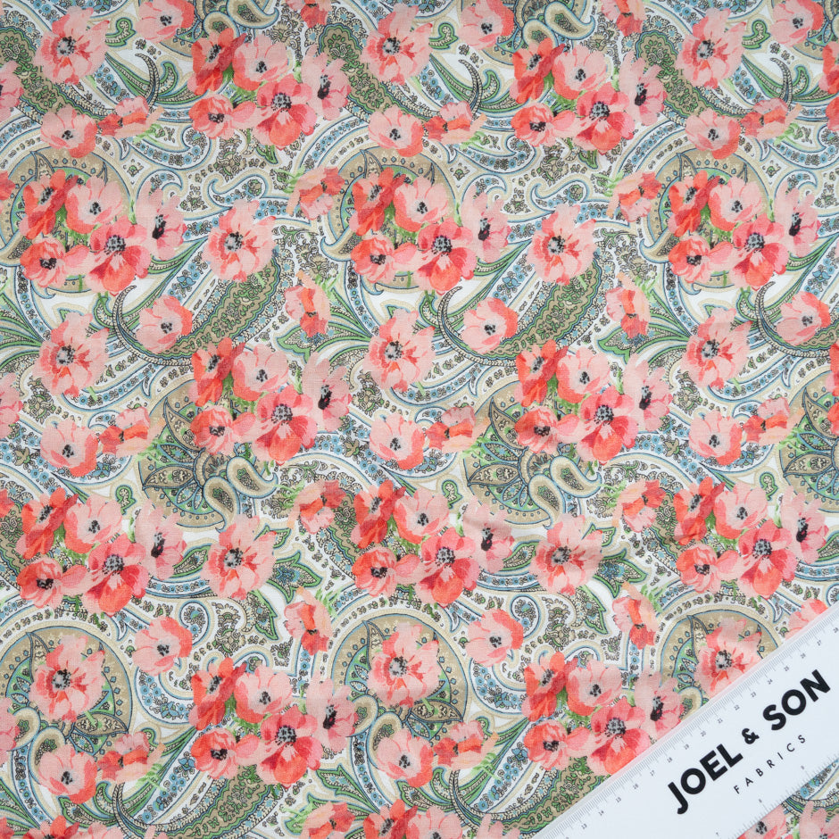 Salmon Pink Floral & Paisley Printed Pure Linen
