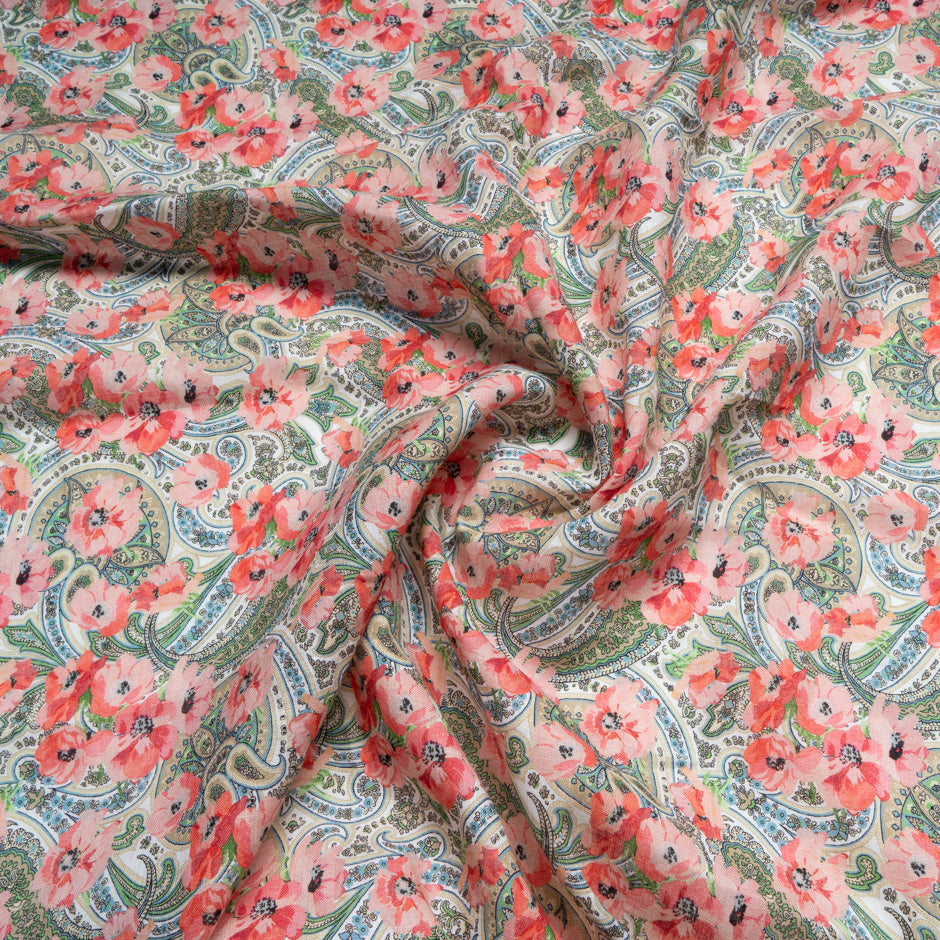 Salmon Pink Floral & Paisley Printed Pure Linen