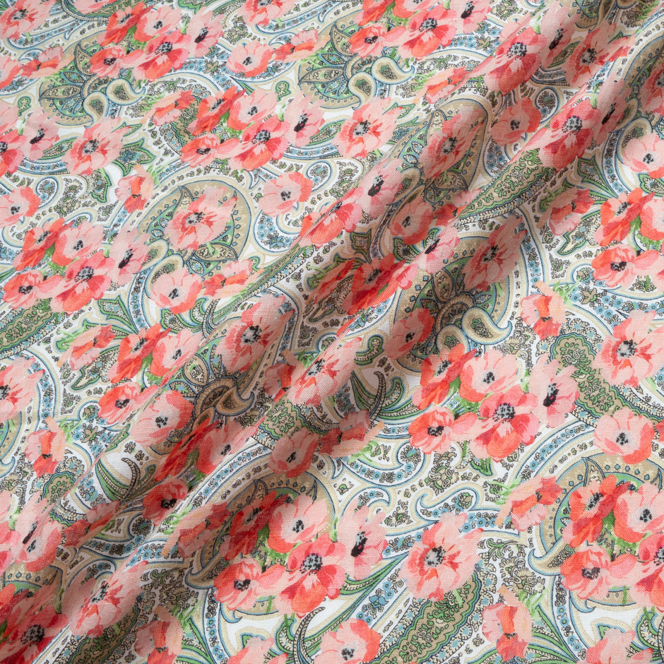 Salmon Pink Floral & Paisley Printed Pure Linen