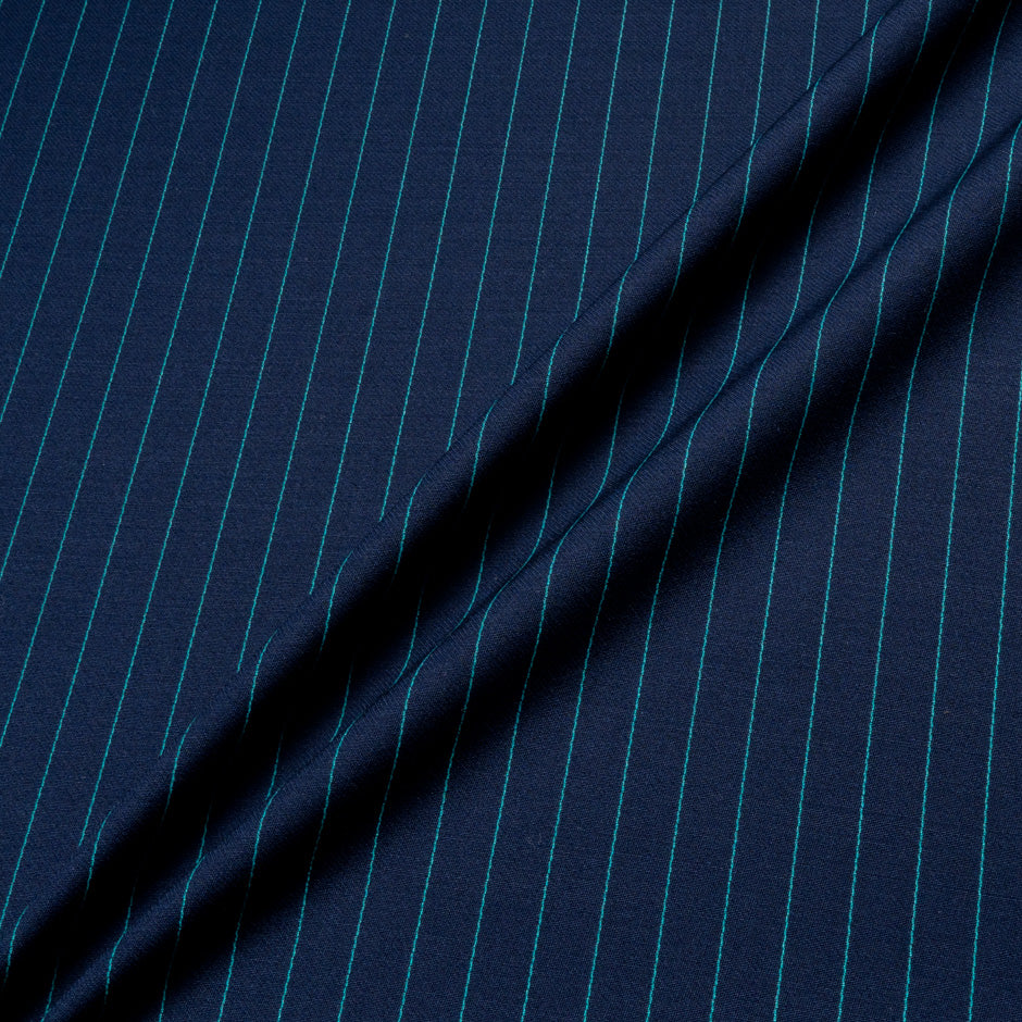 Aqua Pinstriped Navy Blue Pure Wool Faille