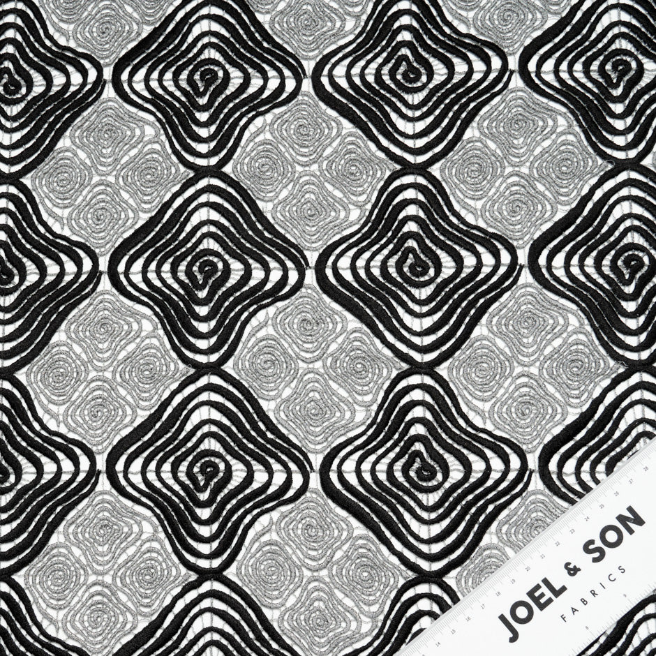Silver Grey & Black Geometric Guipure Lace