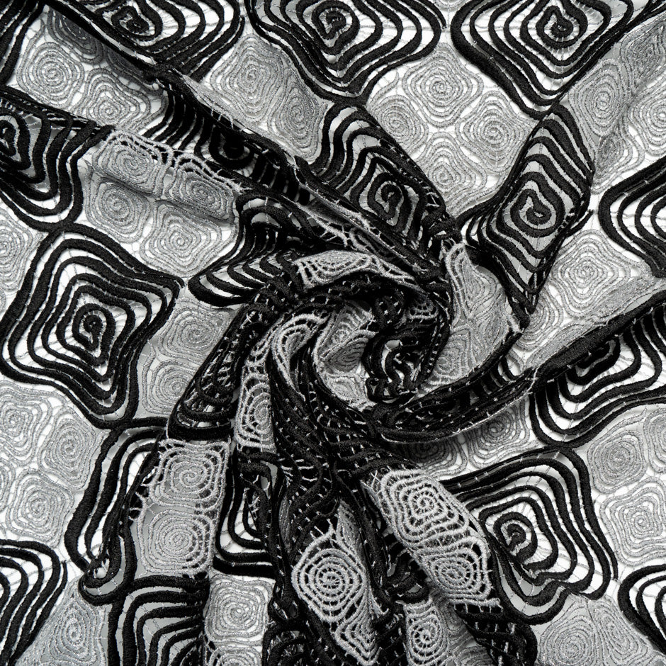 Silver Grey & Black Geometric Guipure Lace