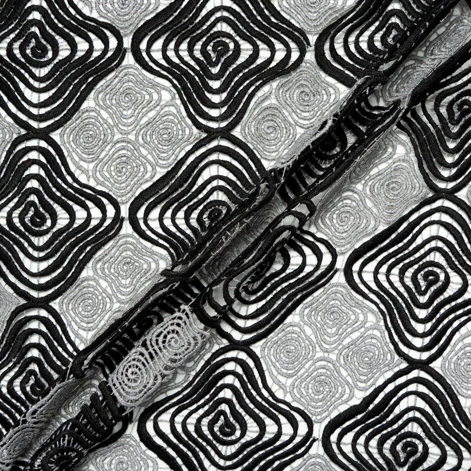 Silver Grey & Black Geometric Guipure Lace