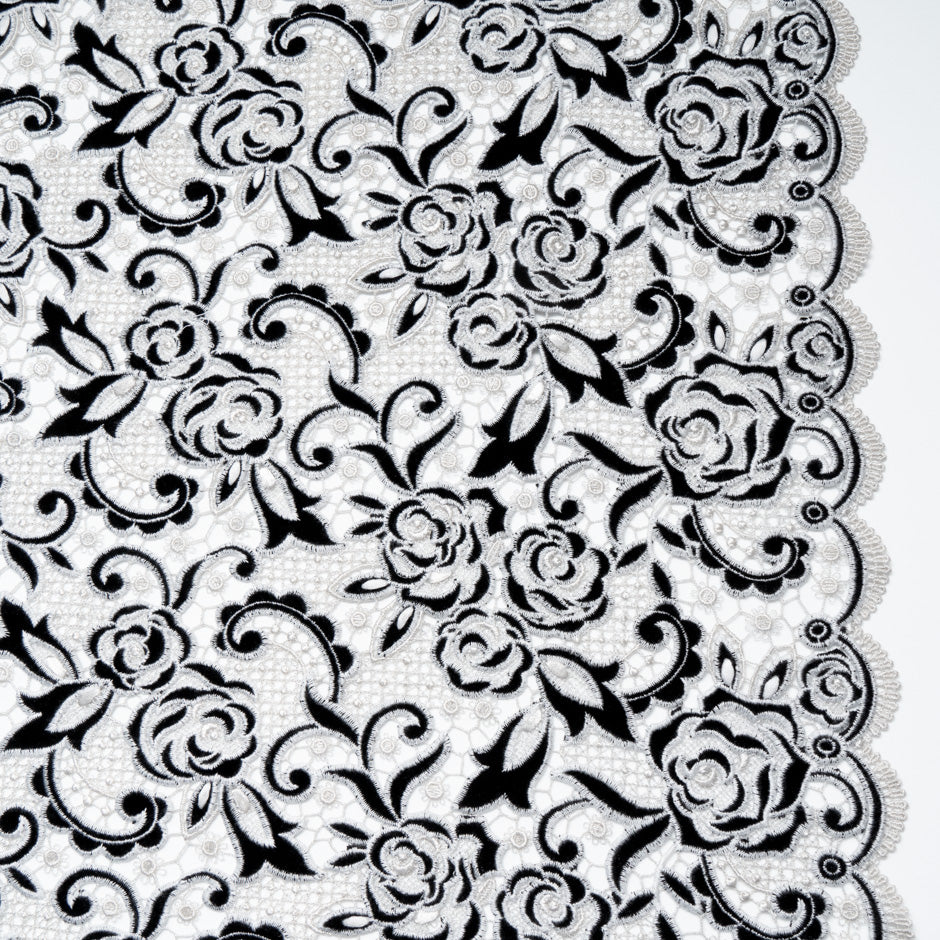 Grey & Black Velvet Leaf Guipure Lace