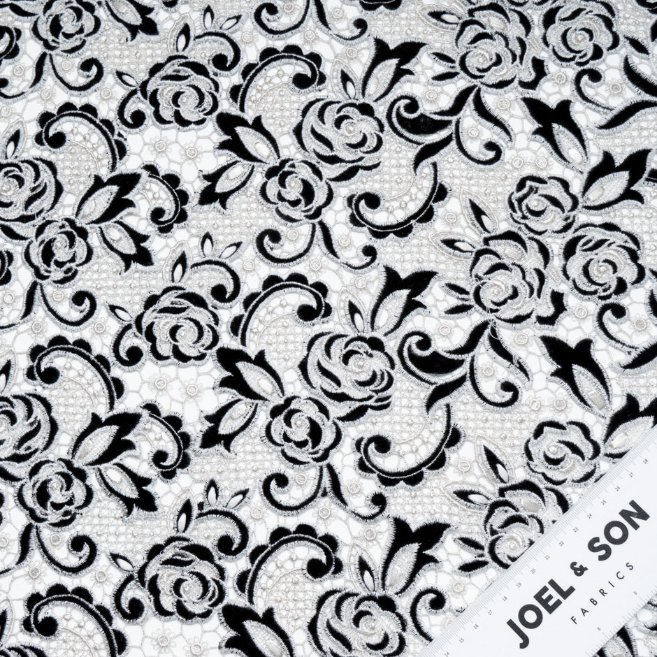 Grey & Black Velvet Leaf Guipure Lace