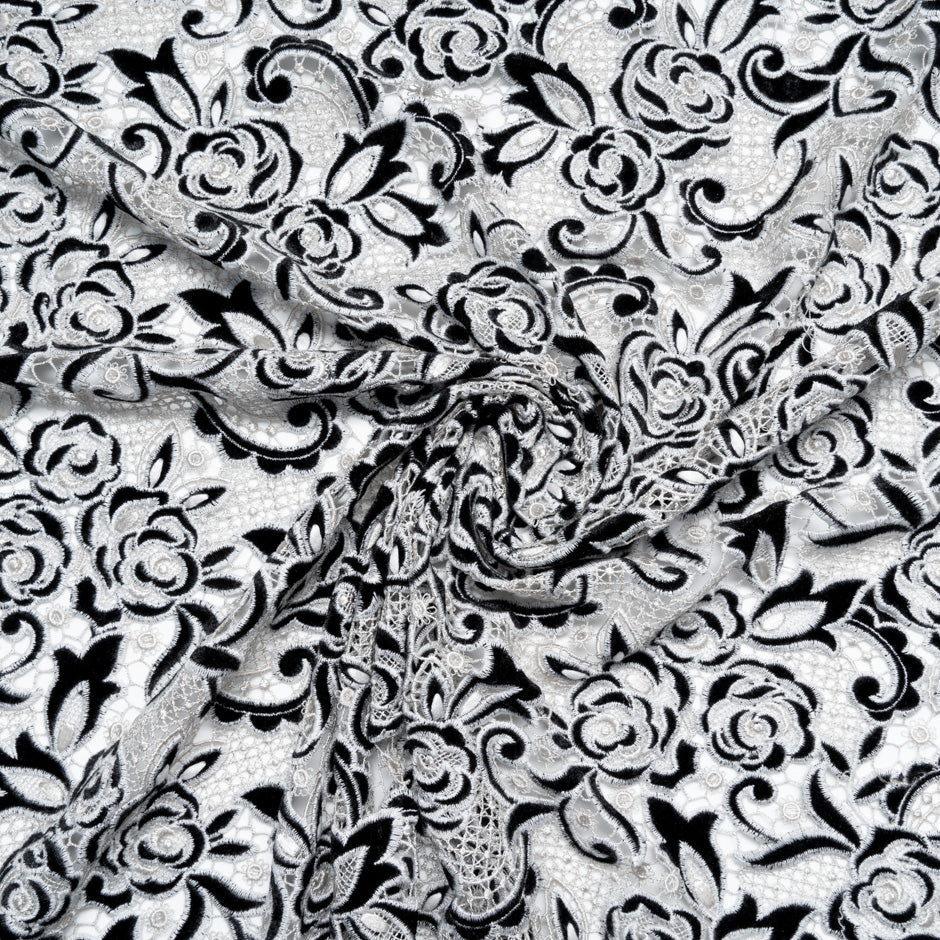 Grey & Black Velvet Leaf Guipure Lace