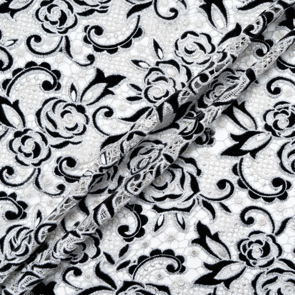 Grey & Black Velvet Leaf Guipure Lace