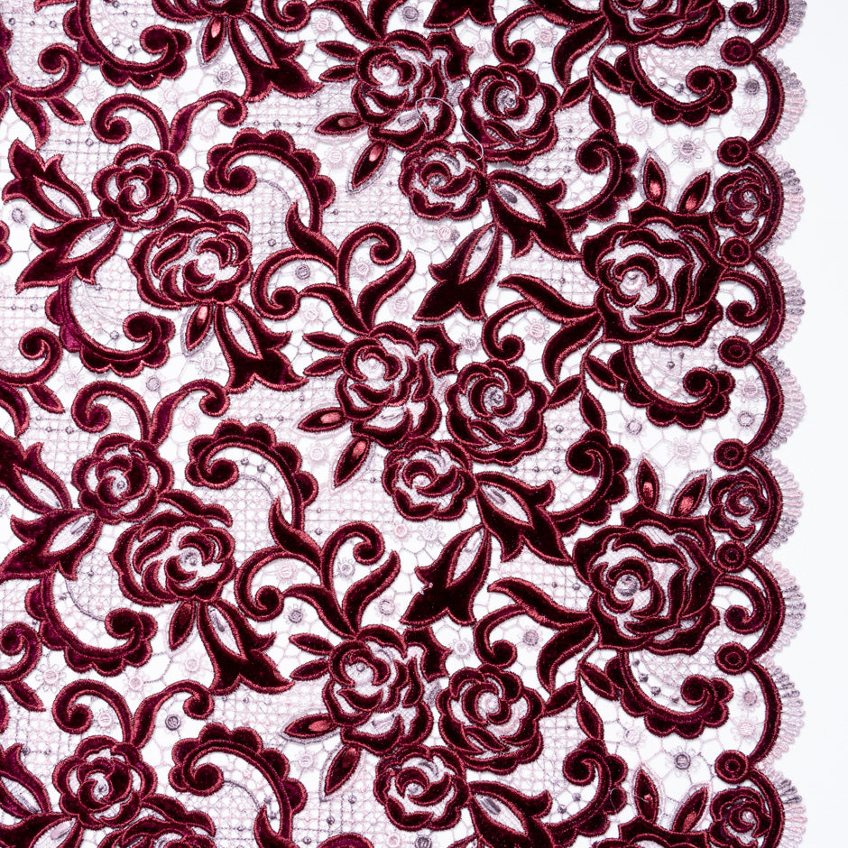 Bordeaux & Pink Velvet Leaf Guipure Lace