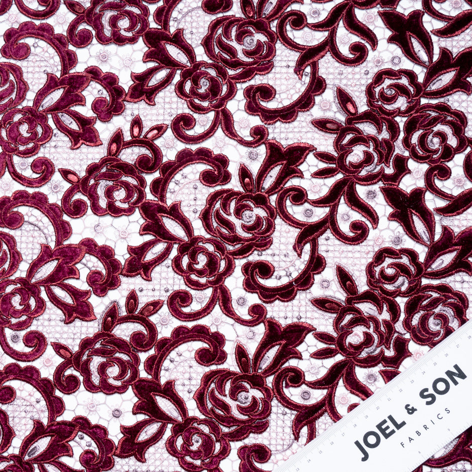 Bordeaux & Pink Velvet Leaf Guipure Lace