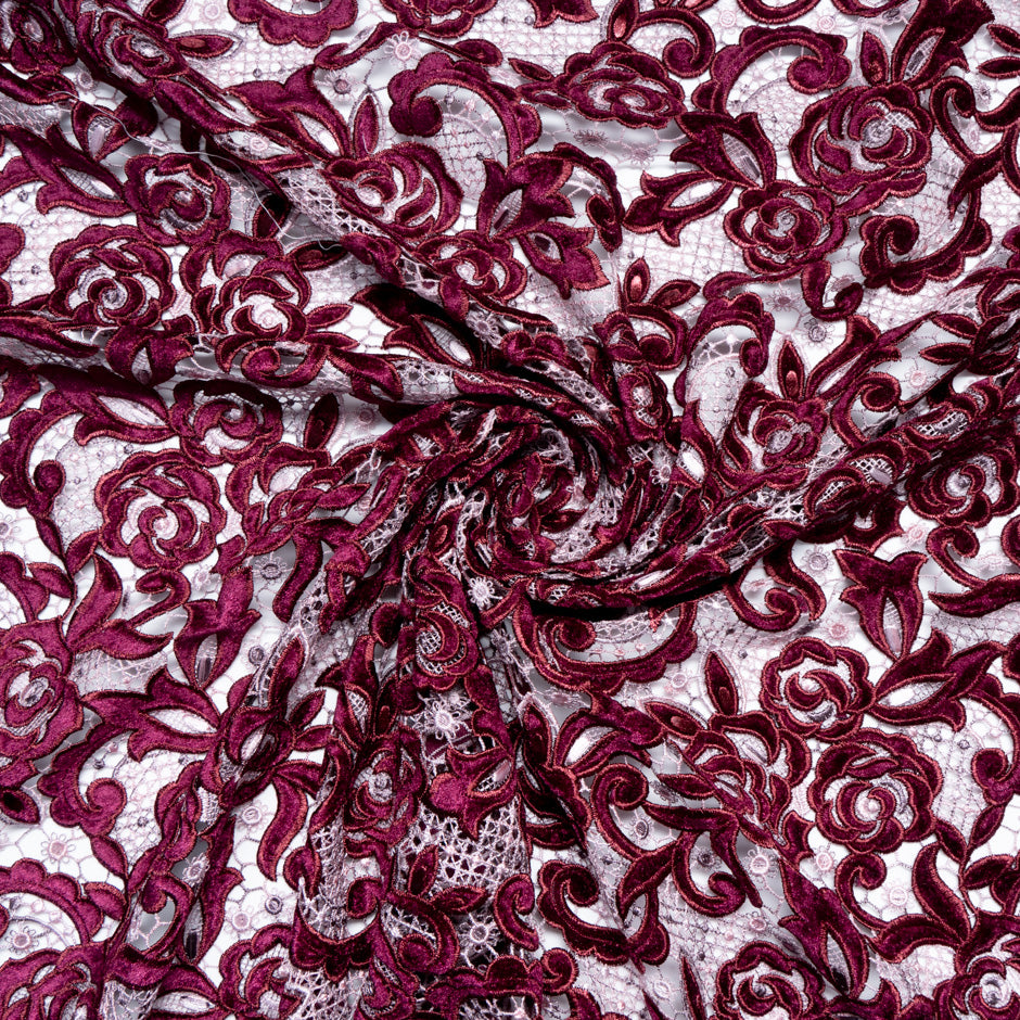 Bordeaux & Pink Velvet Leaf Guipure Lace