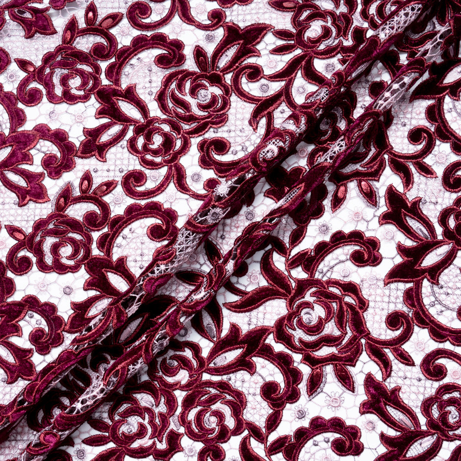 Bordeaux & Pink Velvet Leaf Guipure Lace