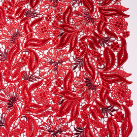 Cherry Red Velvet Leaf Guipure Lace
