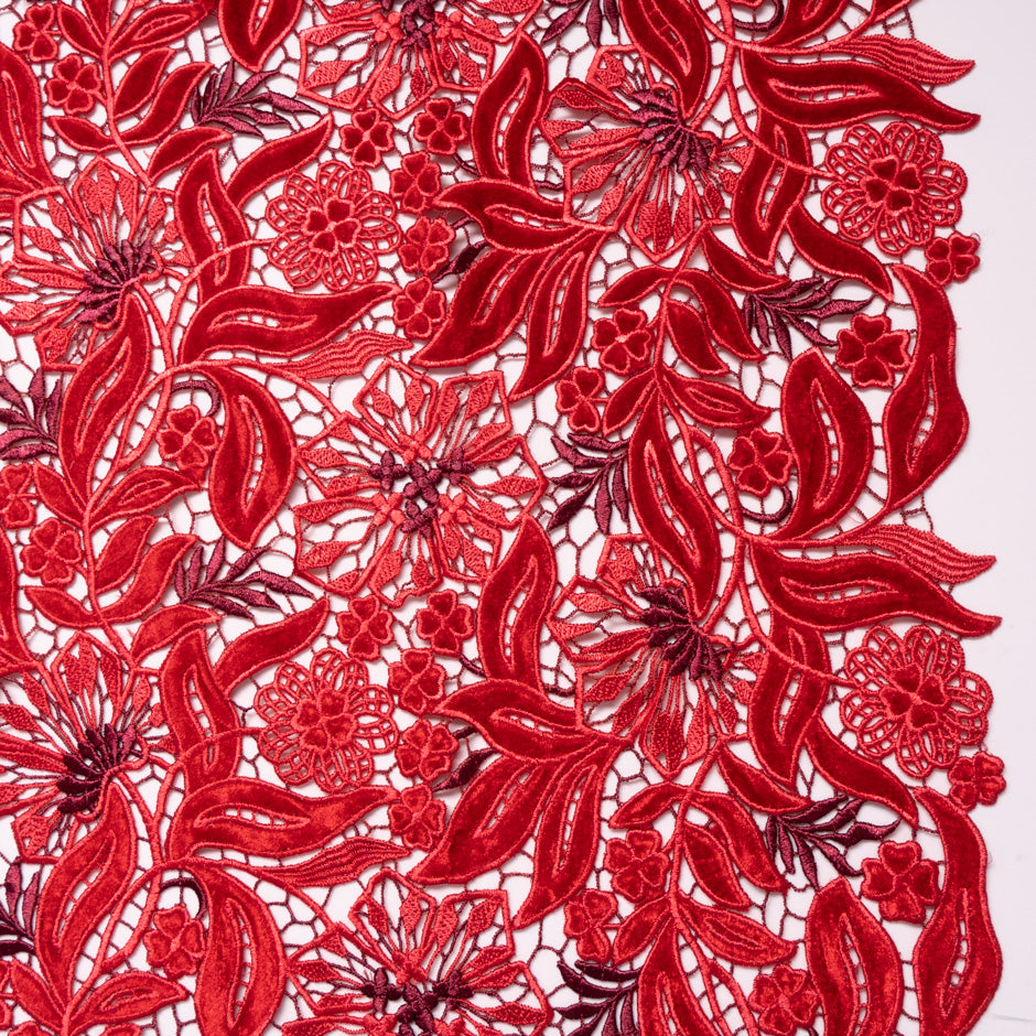 Cherry Red Velvet Leaf Guipure Lace