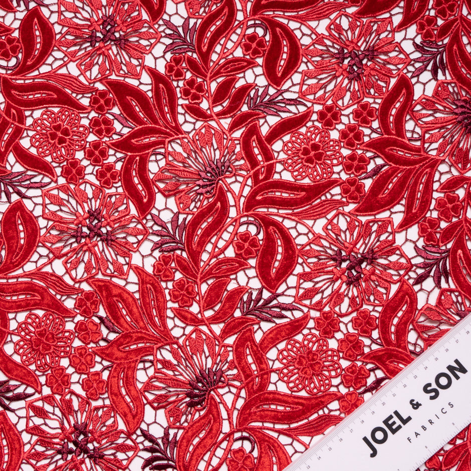 Cherry Red Velvet Leaf Guipure Lace