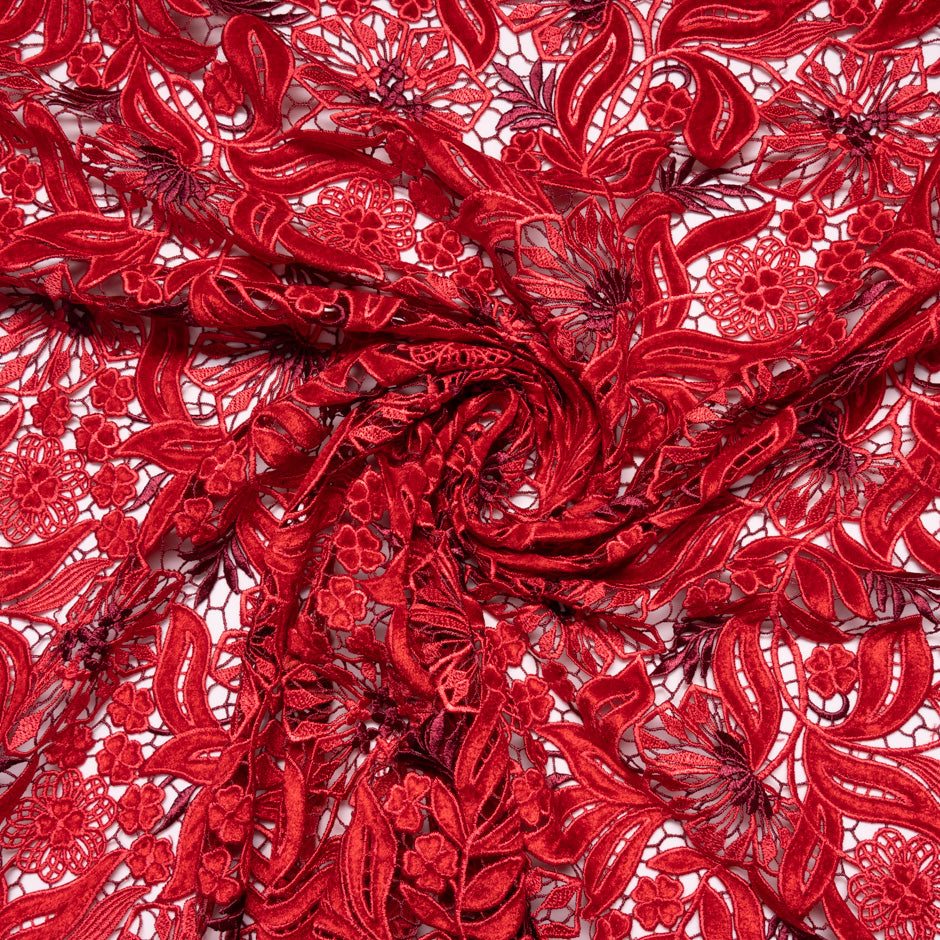 Cherry Red Velvet Leaf Guipure Lace