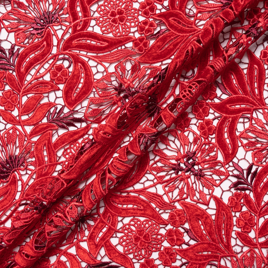 Cherry Red Velvet Leaf Guipure Lace