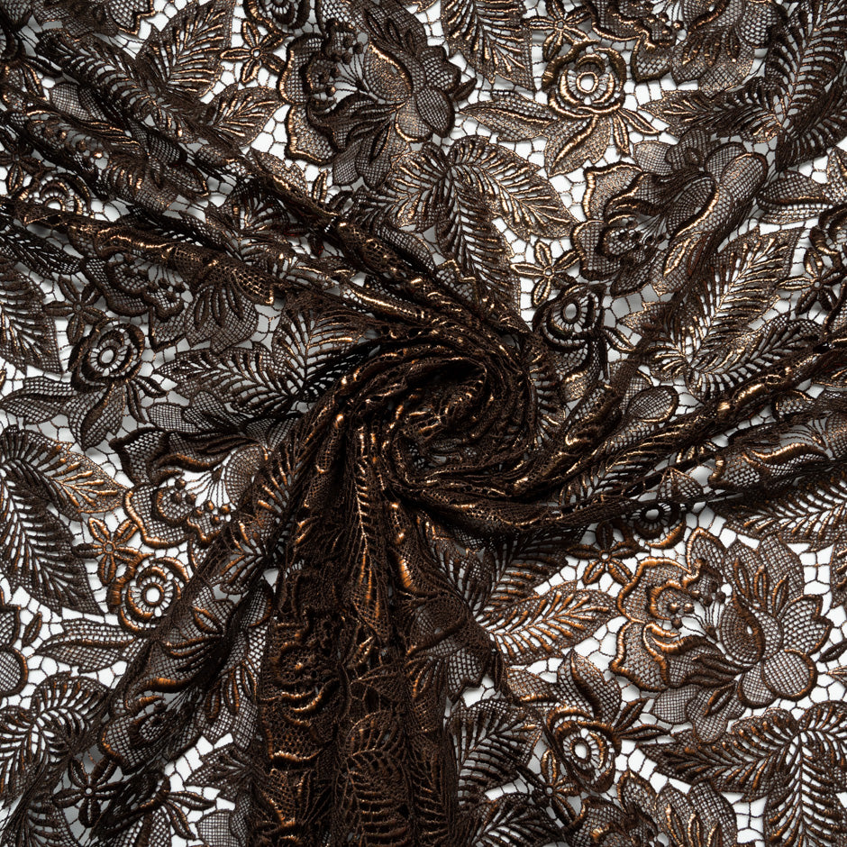 Rich Brown Metallic Leaf Guipure Lace