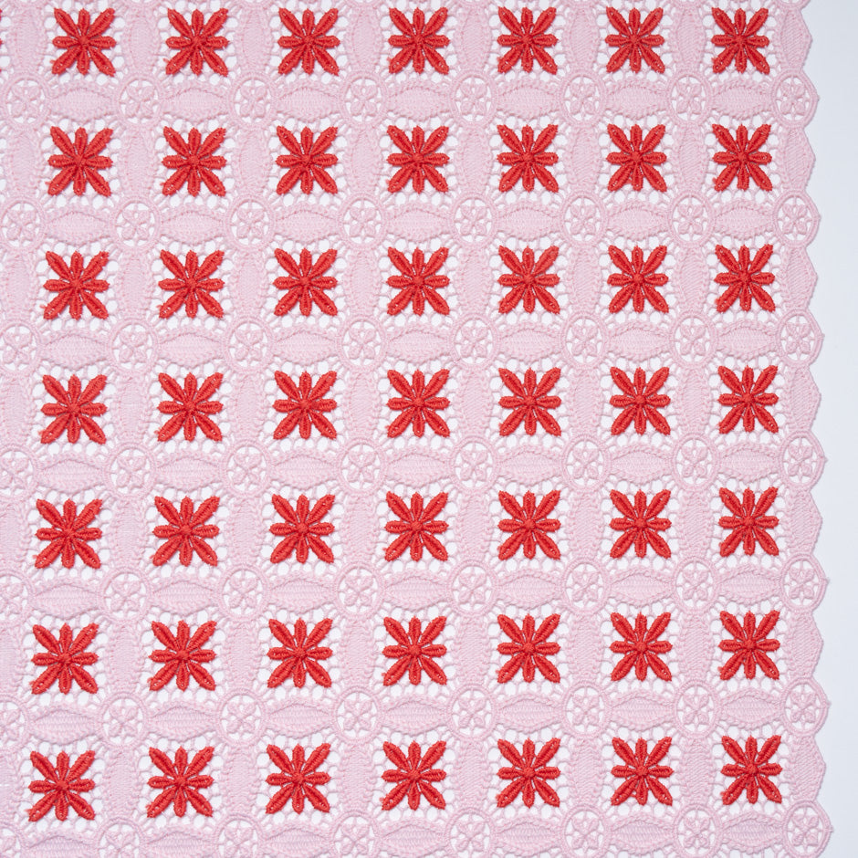 Red & Baby Pink Geometric Guipure Lace