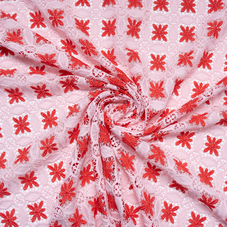 Red & Baby Pink Geometric Guipure Lace