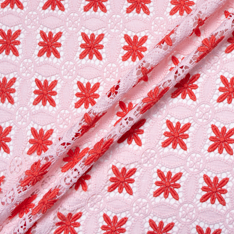 Red & Baby Pink Geometric Guipure Lace