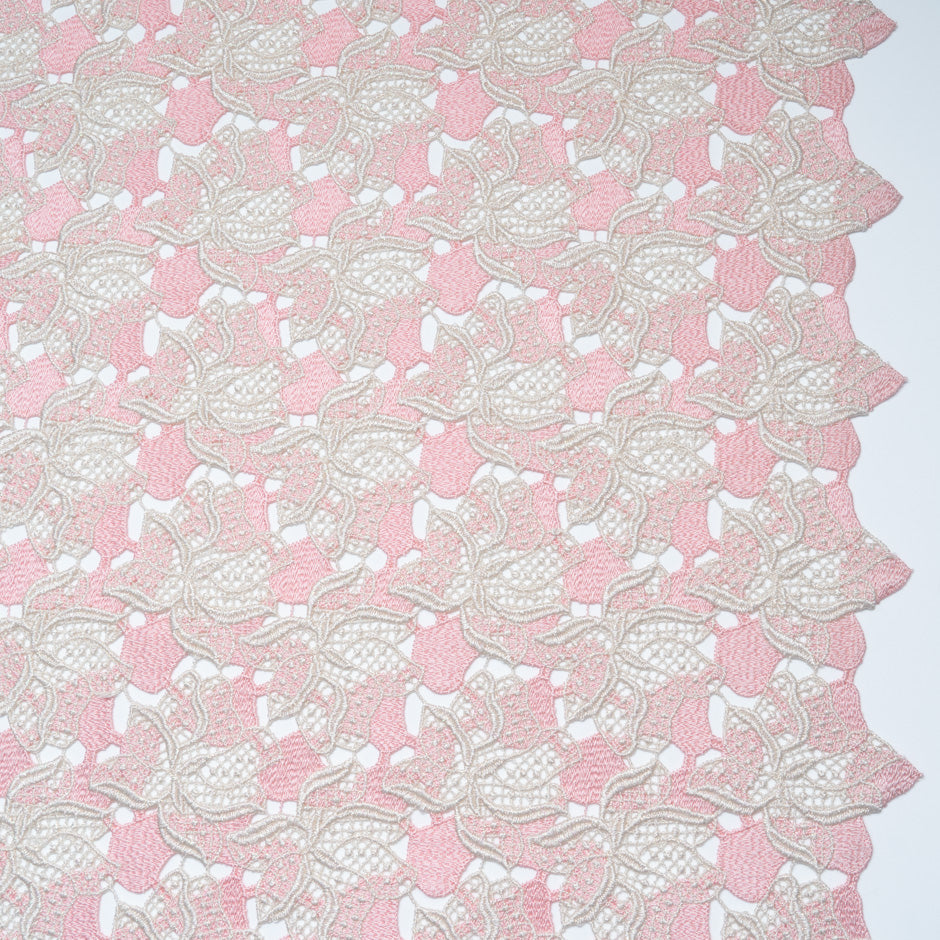 Ivory Metallic & Pink Floral Guipure Lace