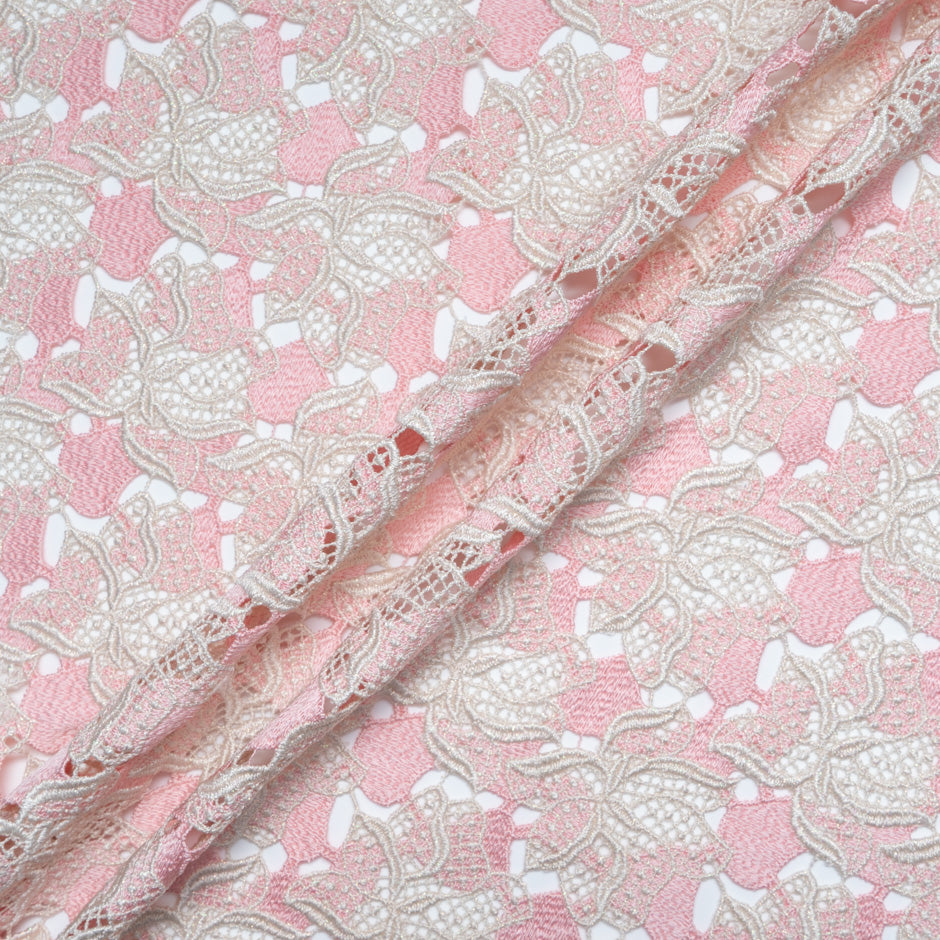 Ivory Metallic & Pink Floral Guipure Lace
