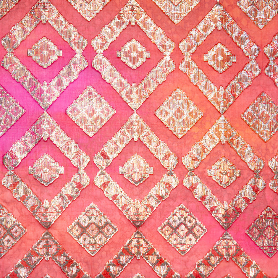 Pink & Red Metallic Jacquard Lamé Silk Chiffon