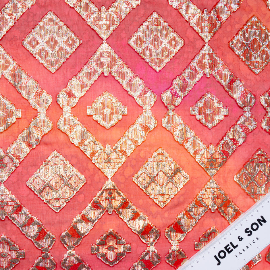 Pink & Red Metallic Jacquard Lamé Silk Chiffon