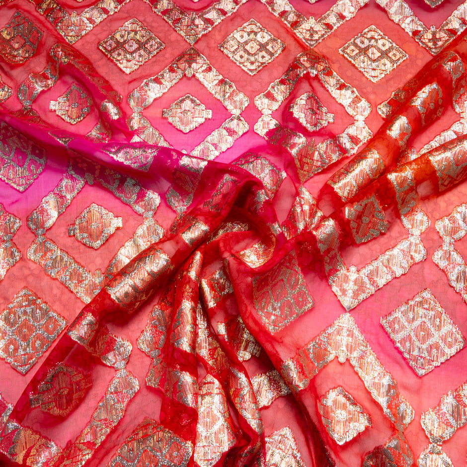 Pink & Red Metallic Jacquard Lamé Silk Chiffon
