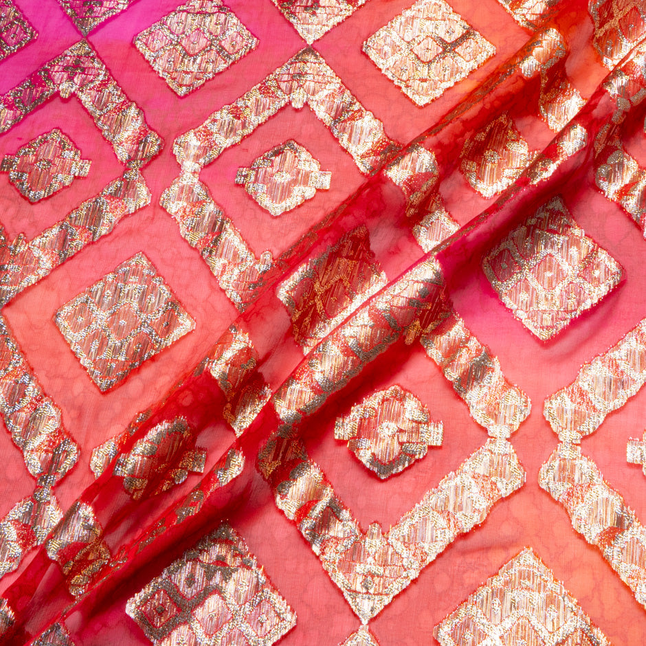 Pink & Red Metallic Jacquard Lamé Silk Chiffon