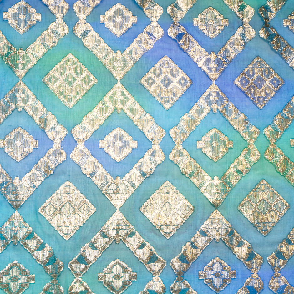 Turquoise & Green Metallic Jacquard Lamé Silk Chiffon