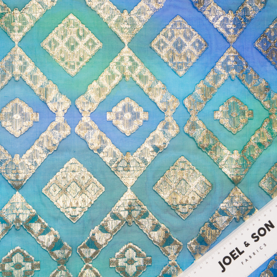 Turquoise & Green Metallic Jacquard Lamé Silk Chiffon