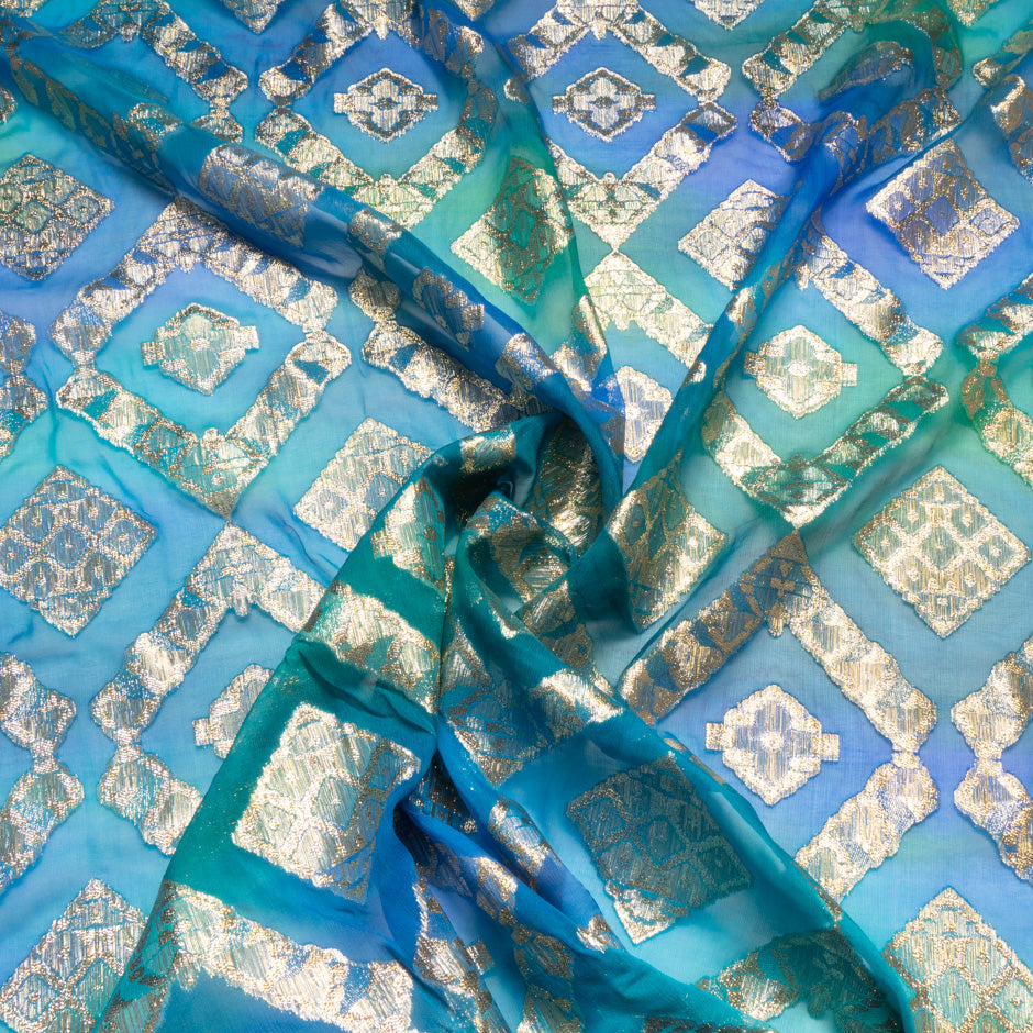 Turquoise & Green Metallic Jacquard Lamé Silk Chiffon