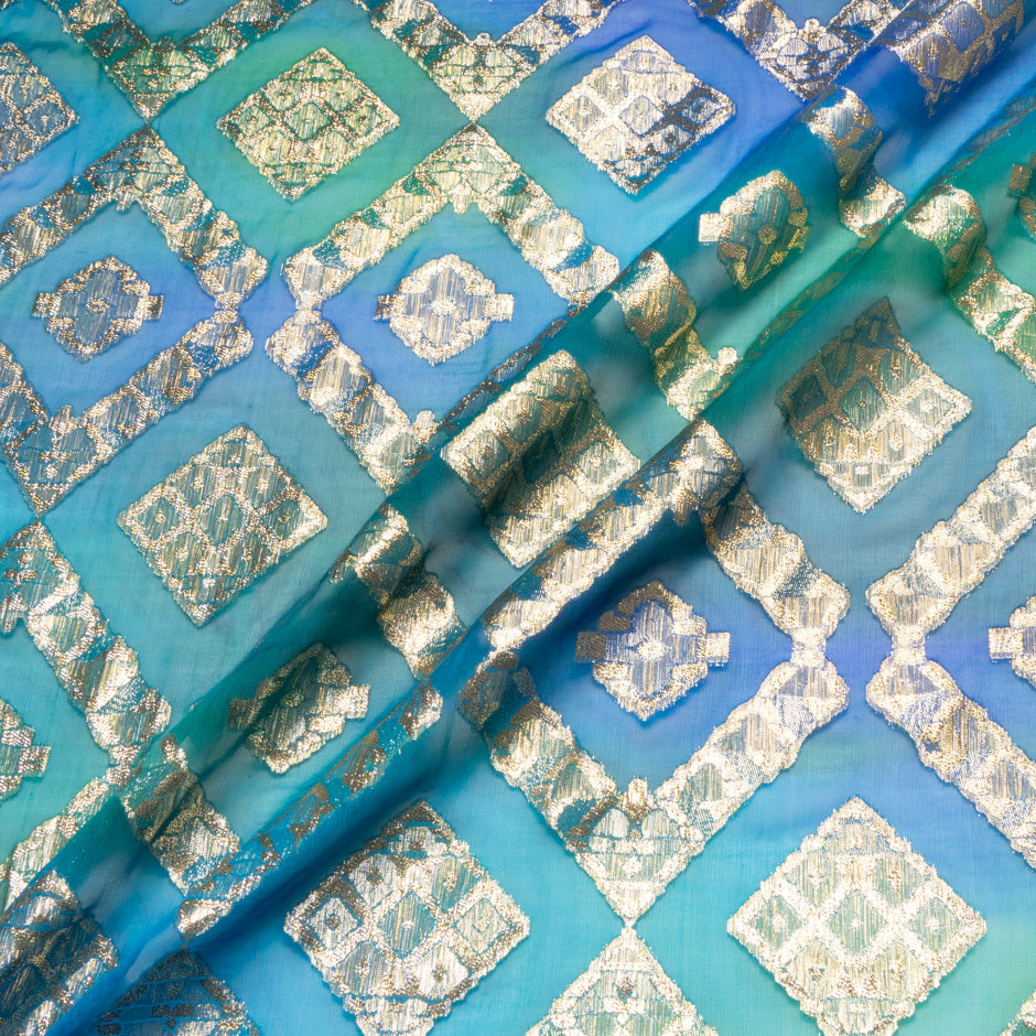 Turquoise & Green Metallic Jacquard Lamé Silk Chiffon
