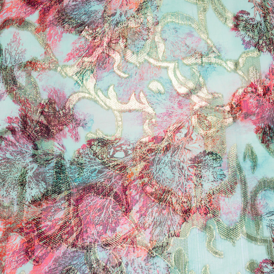 Red & Aqua Jacquard Lamé Silk Chiffon