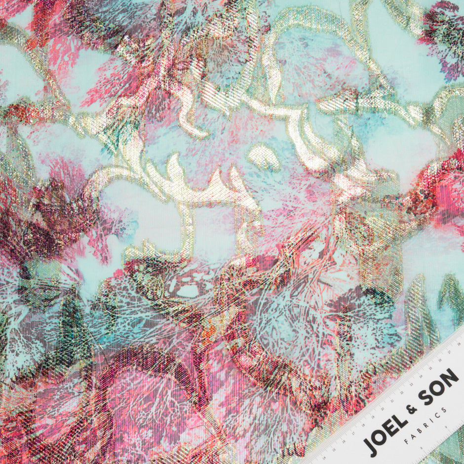 Red & Aqua Jacquard Lamé Silk Chiffon